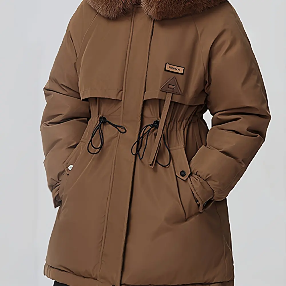 

Autumn Winter Jackets 2025 Women's Brown Faux Fur Hooded Drawstring Mid-Length Puffer Jacket for Casual Cold-Weather Wear