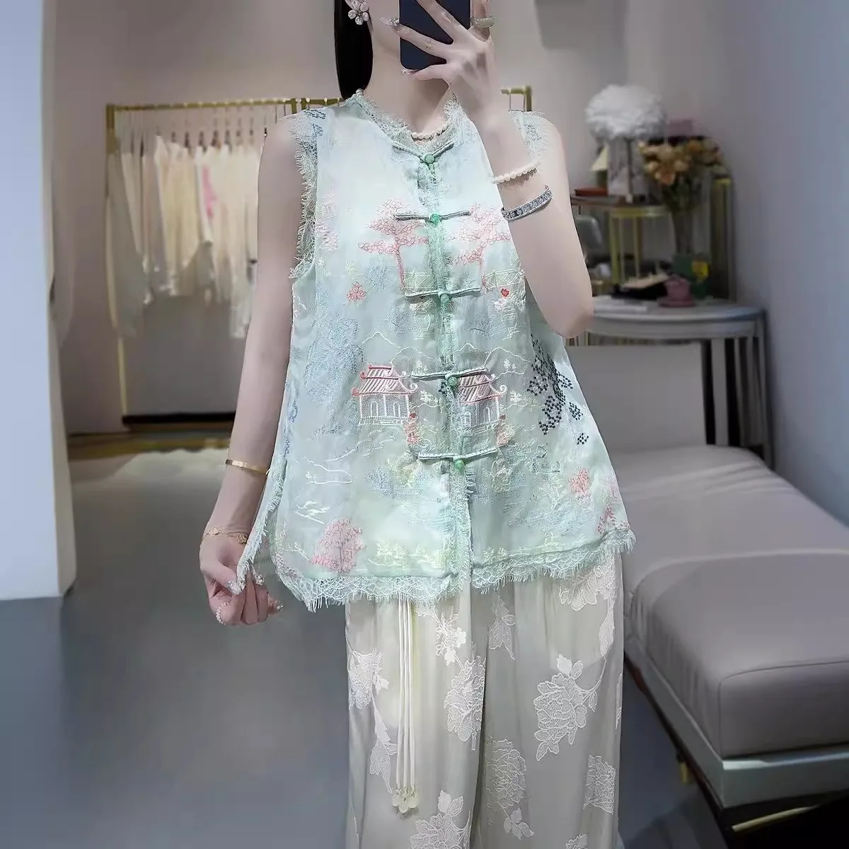 

High-end Women Silk Vest Top Embroidery Pavilion of Mist and Rain Tang Suit Elegant Lady Loose Vest Female S-XXL