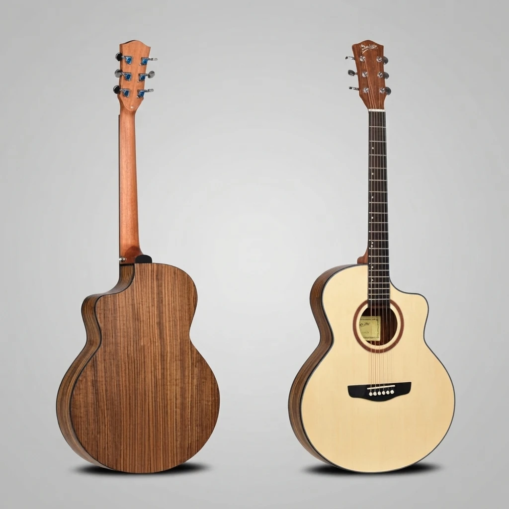 Cutaway Acoustic Guitar 6 String Glossy Natural Top White Binding Chrome Tuners Dot Inlay Bridge Pins Slim Neck Dark Back