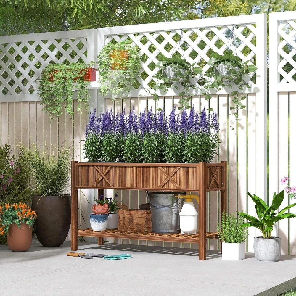 

Приподнятая грядка для сада, деревянный ящик-клумба с полкой для хранения, дренажными отверстиями и вкладышем для заднего двора, патио, на заказ