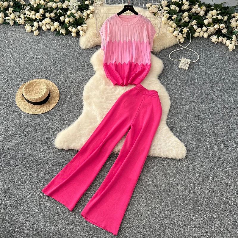 Pajama Women Set Knitted Tank Top Two Piece Set for Women Casual Gradient Summer Knit Pants Sets Women Lounge Wear 2 Piece