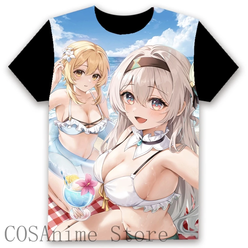 Honkai: Star Rail Game Ruolo Firefly HD Impresso Top Preto Casual Básico Camiseta de Manga Curta Homens Mulheres Cosplay Gola Redonda Tee A2