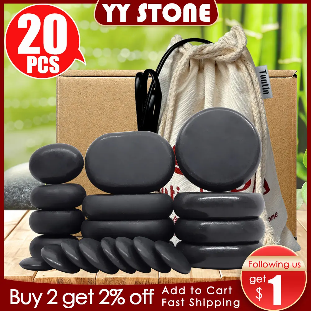 Tontin 20pcs/set Hot Stone Massage Set Heater Box Relieve Stress Back Pain Health Care Lava Basalt round massage tool Stones