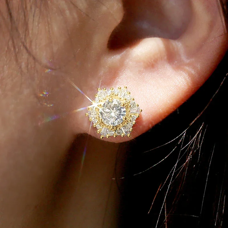 Huitan Sparking Luxury Cubic Zirconia Stud Earrings Female Hexagonal Shaped Brilliant Ear Accessories Exquisite Wedding Jewelry