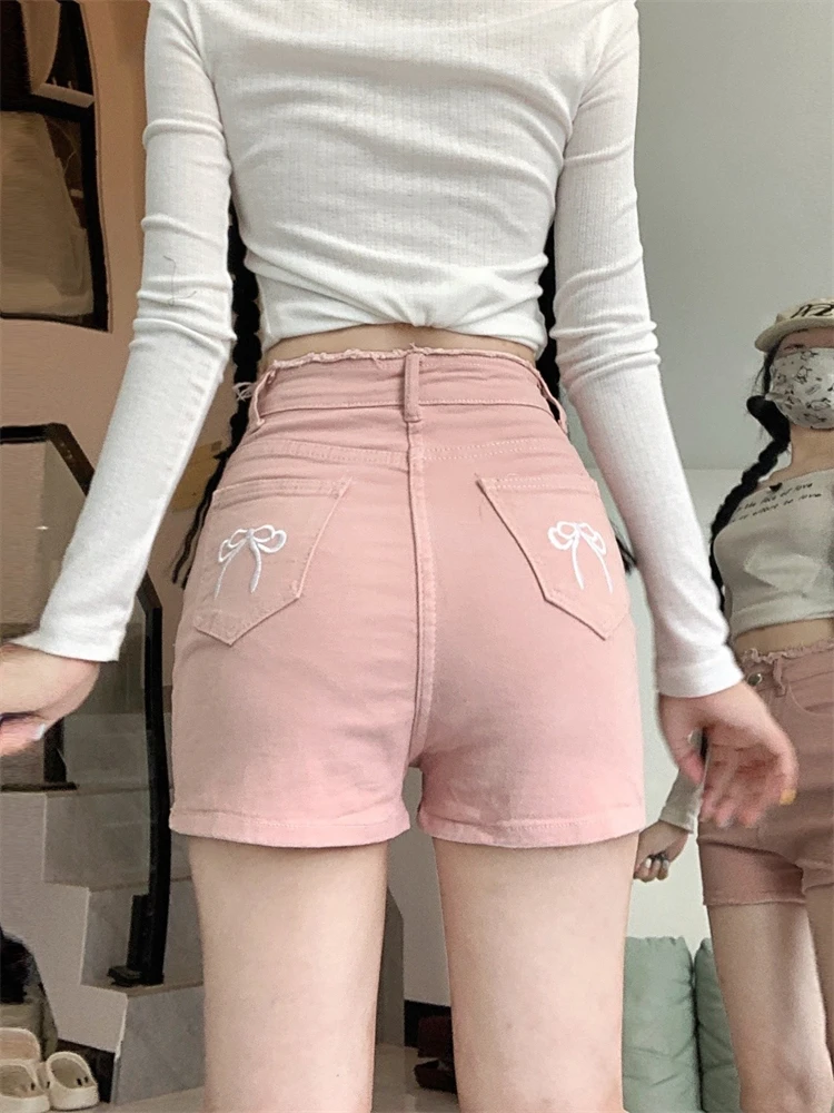 

Women's Bow Embroidery A-line High Waist Pink Denim Shorts Cool Girl Triangle Mini Trousers Female Wide Leg Summer Hot Pants