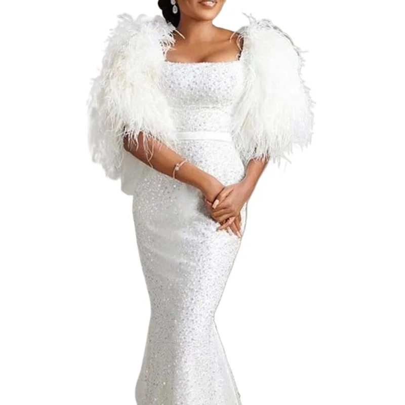 

2024 African Party Dresses for Women White Maxi Sequin Square Collar Feathers Gowns Elegant Fitted Outfits Christmas Dress