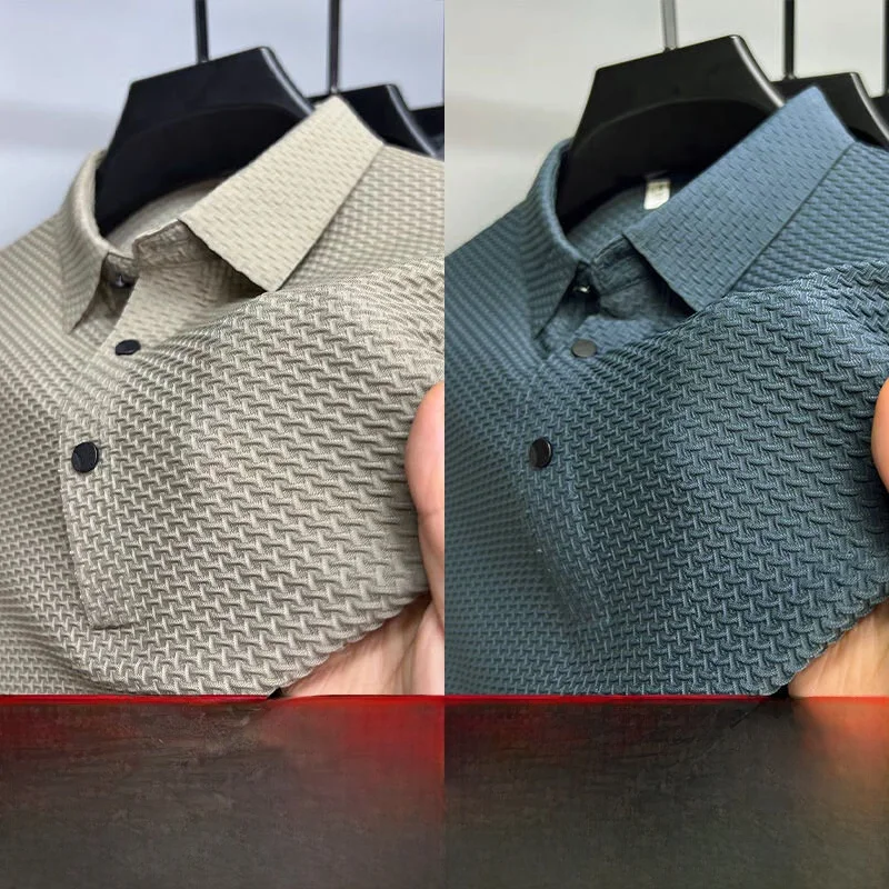 Ice Silk  Shirt Short Sleeve Men Summer Trendy High End Turn Collar Half Sleeve T-Shirt Fashion Slim Business Casual Top