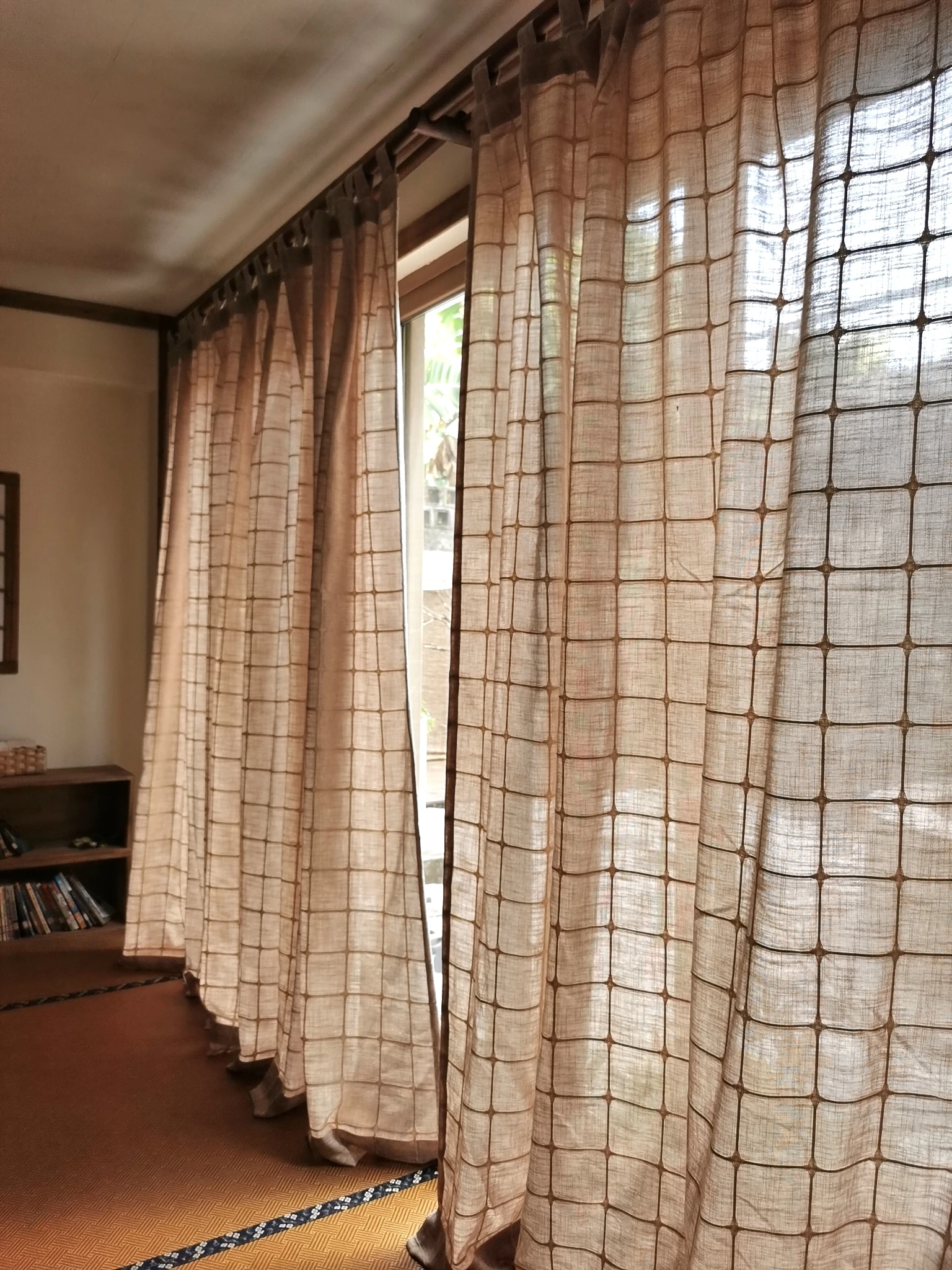 Premium Plaid Semi-blackout Curtains for Living Room Bedroom Cafe, Square Grid Hemp Flax Window Drapes, Holes Free Rural Curtain