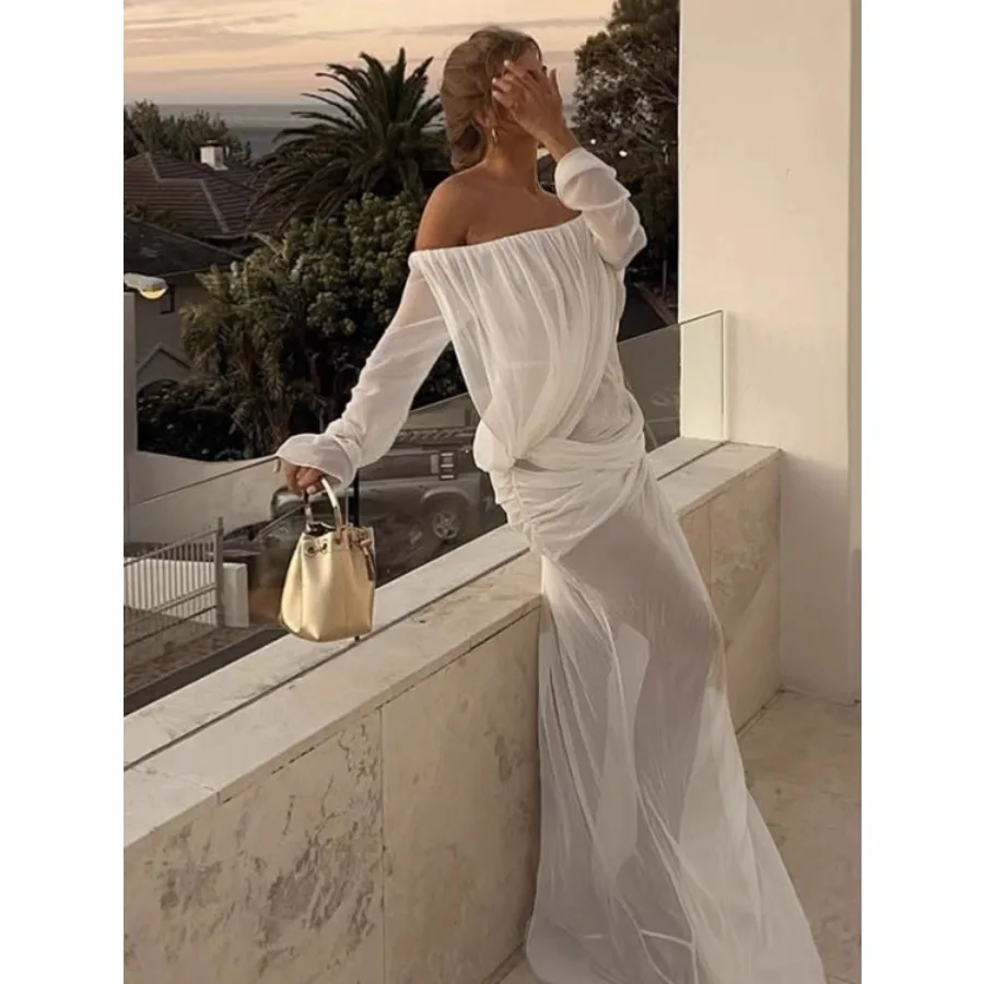 

Elegant Sexy Solid Perspective Off Shoulder Maxi Dress Women Long Sleeve Pleated Slim Beach Vacation Evening Party Dress
