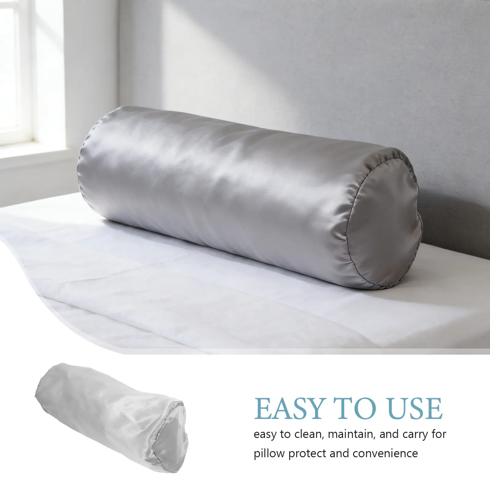 2Pcs Breathable Neck Roll Pillow Covers Grey Hidden Zipper Cylinder Bolster Pillowcase Soft for Sofa Living Room Travel Office