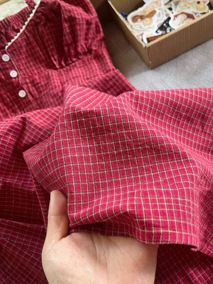 Mini robe camisole en dentelle à carreaux rouges pour femme, tenue d'été à trois boutons, taille élastique, ligne a, courte, en coton, Vintage, douce