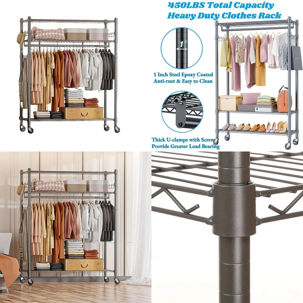 

Heavy-Duty 3-Tier Rolling Garment Rack with Lockable Wheels, Hanging Rod, and Side Hooks, Gray