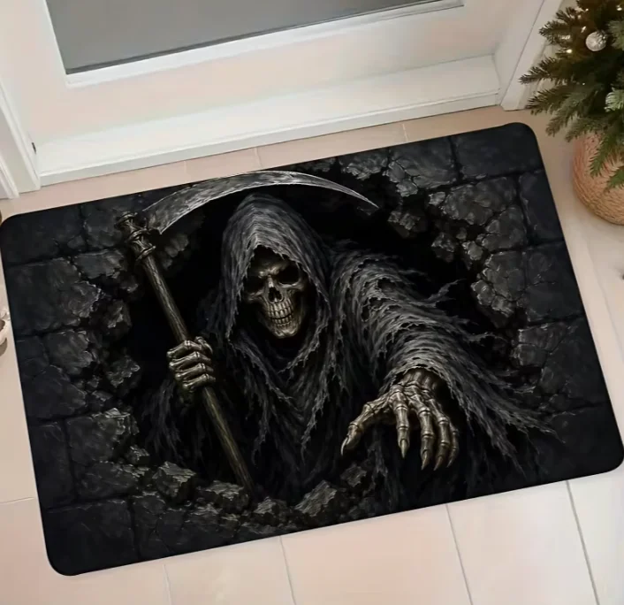 Dark Grim Reaper Door MatScythe Skull Flannel Mat Home Entrance Door Mat Bathroom Non-Slip Water-Absorbing Foot Mat Decoration