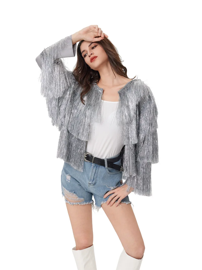 Luxury Women Silver Gold Silk Tassels Jacket Multi-Layers Fringed Long Sleeved Coat Spring Summer Halloween Cardigan Dance Tops