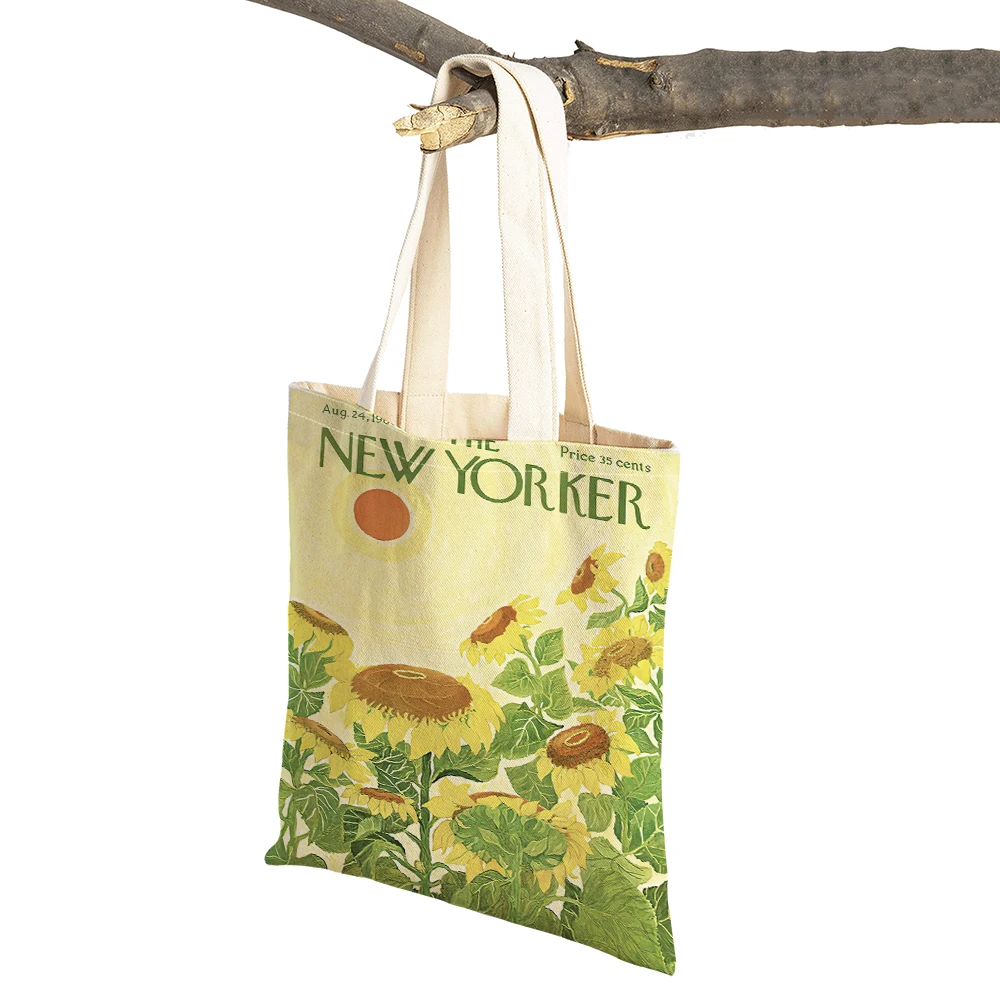 The New Yorker City Magazine Women Shopping Bags Double Print Casual Shopper Bag Lady Linen Tote Eco Leaf Flower Handbag