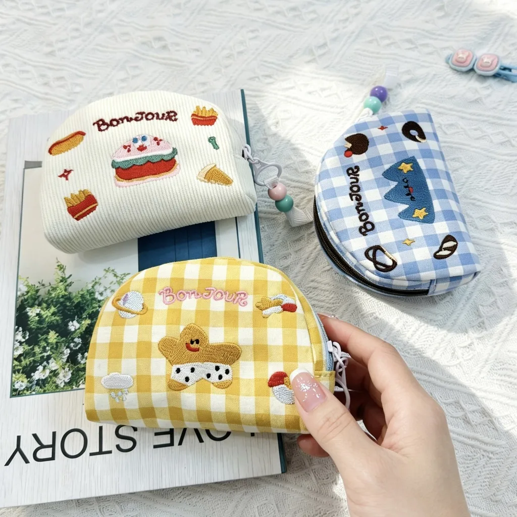 Cotton Cosmetic Bag Checkered Embroidered Cosmetic Bag Small Storage Pouch Embroidered Zipper Storage Bag For Commuting Storage