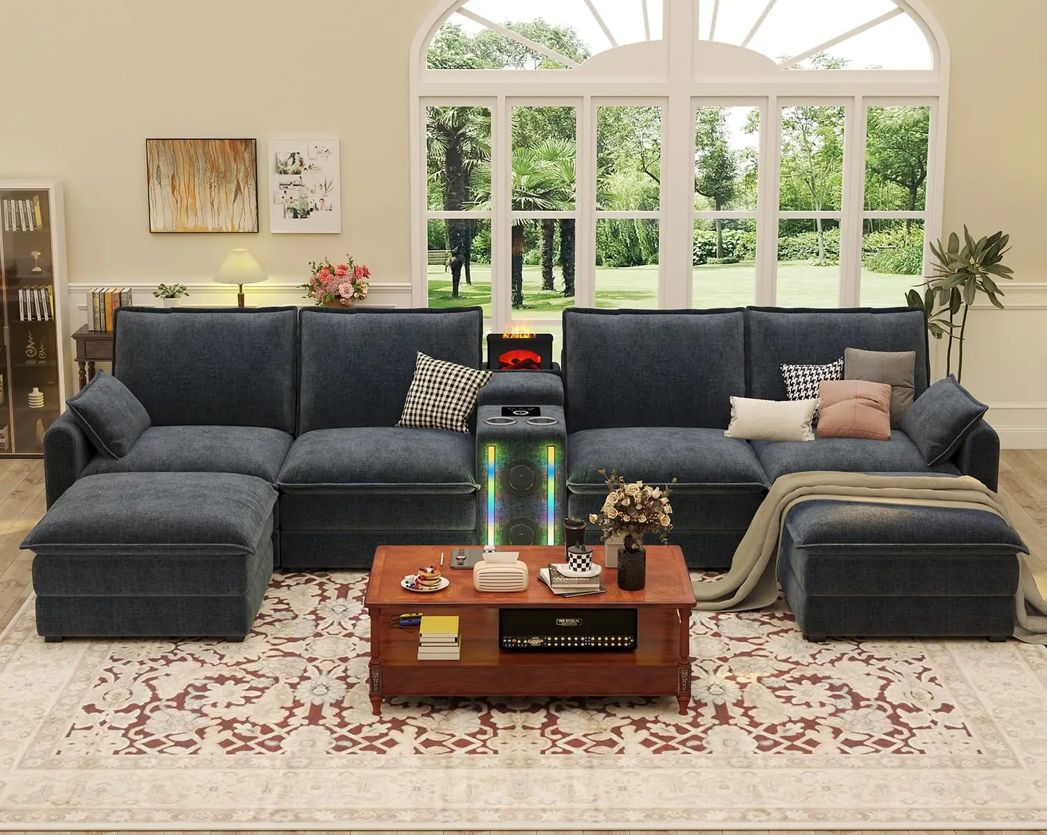 

Modular Sectional Sofa, 6 Seat U Shaped Couch Smart Module-Bluetooth Speaker/RGB Light/Humidifier/Charging Station,, Customized