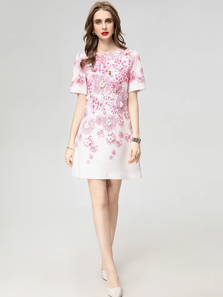 

Fashion Designer Summer Women Dress O-Neck Short Sleeve Crystal Slim Flower Floral Print A-Line Mini Dresses