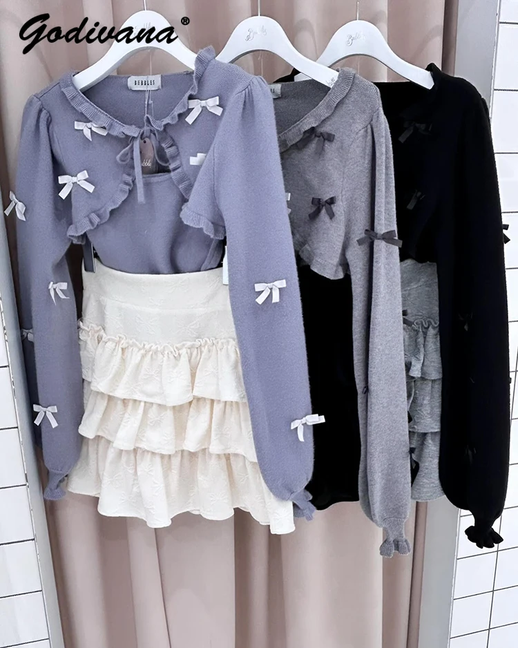 Japanese Style New Autumn Female Sweet Bow Fungus Edge Chest Strap Short Knitted Cardigan Suspender Vest Two-piece Set Sweaters