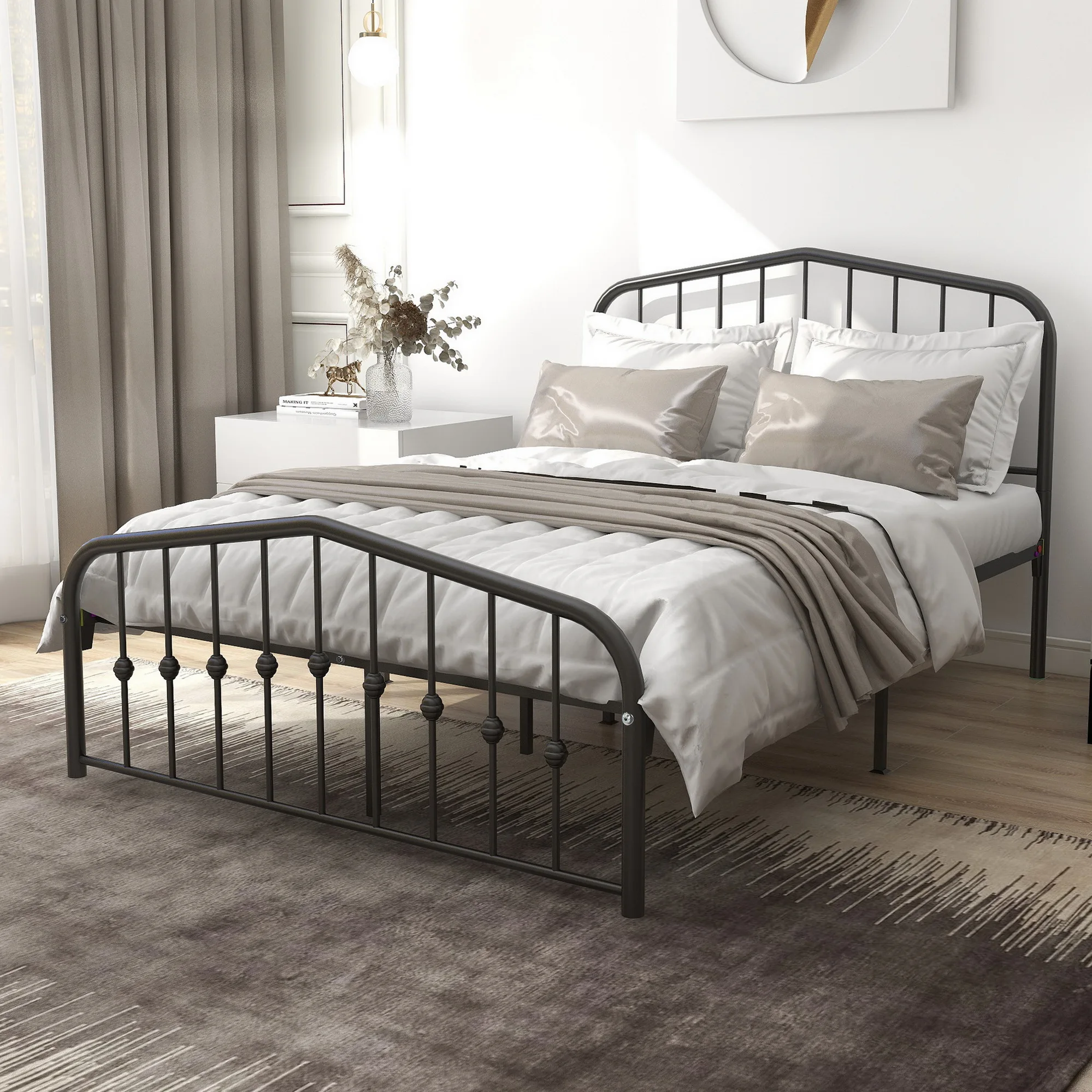 Metal Bed Frame Black Full Size Vintage Headboard and Footboard Single Platform Mattress Foundation Sturdy Steel Slat Support