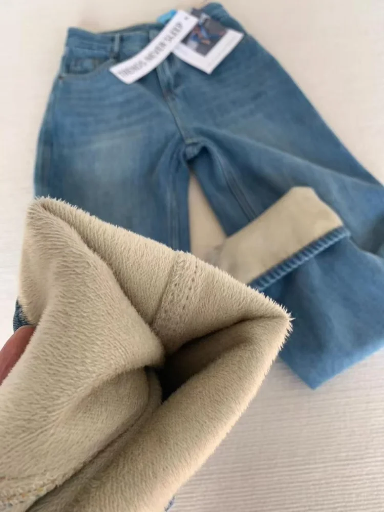 plus Size Fce Lined Thi Denim Jeans Women's Winter High Waist Straight Leg Wide Leg Pants Casual Wear Comfortable Fit