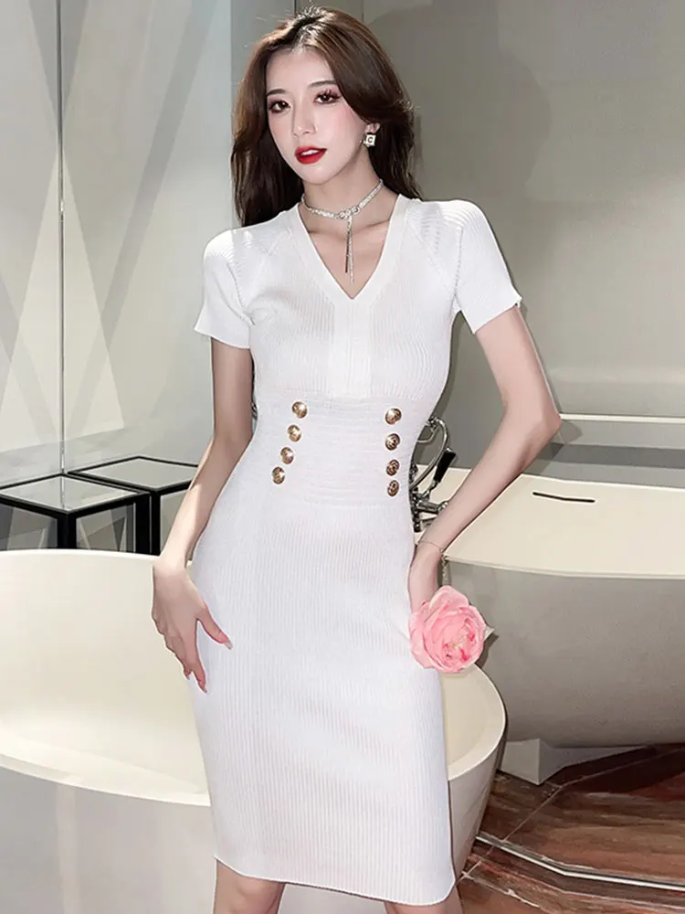 Summer Dress For Women 2022 White Slim V Neck Short Sleeve Ribber Knit Midi Dresses Woman Laides Elegant Korean Fashion Clothing