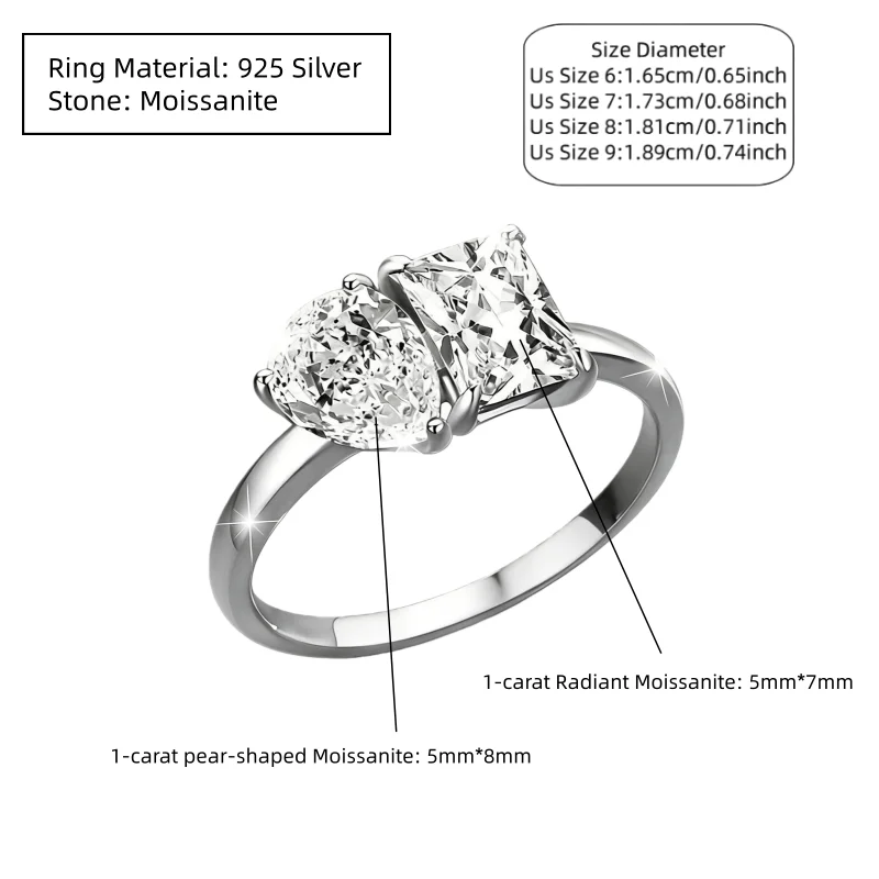 925 Sterling Silber 2-Karat Moissanit Paar-Ring (Doppelstein-Design/Ehering) – Unisex – Detail 6