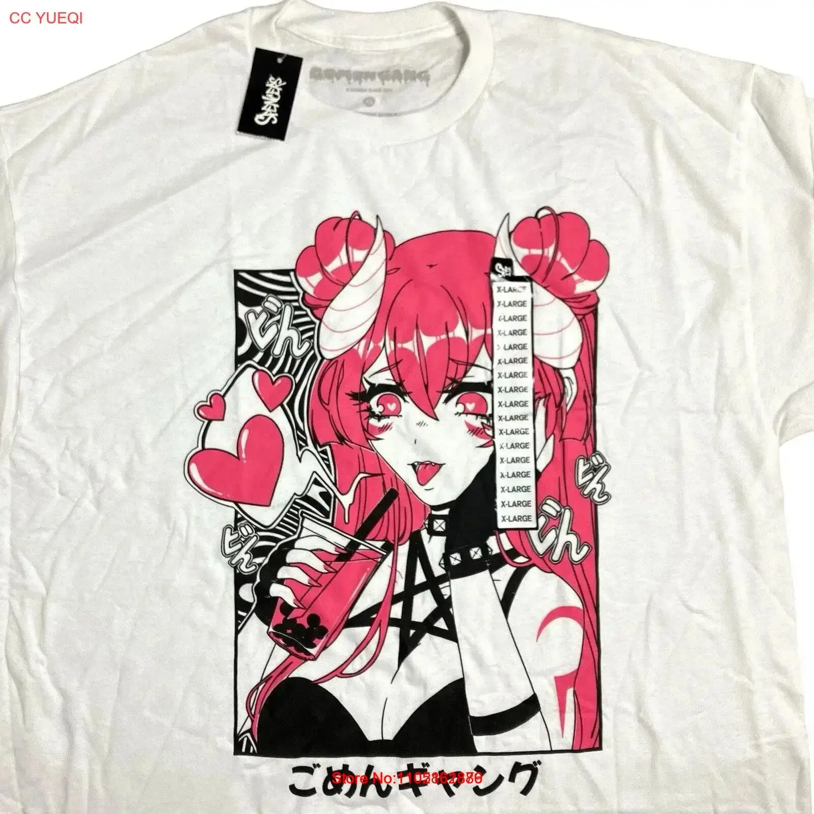 Boba Waifu Camiseta Adulto M Blanco Gomen Gang Rosa Hentai Japonés Goth Girl Corazón vintage Lavado ropa de diseñador Estirado Suave