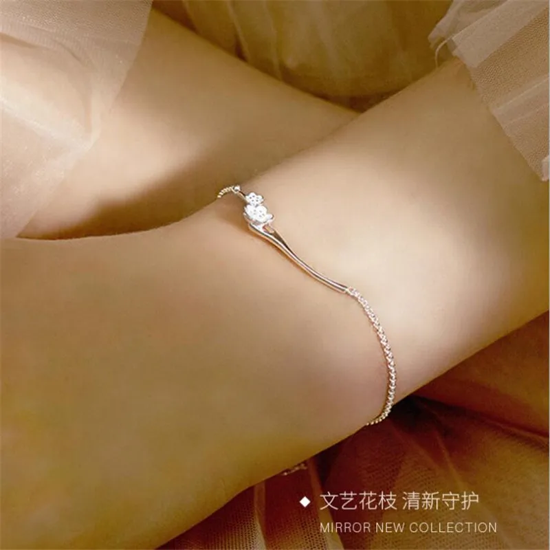 New Fashion Peach Branch Cute Literary Fresh Flowers 925 Sterling Silver Jewelry Cherry Blossom Women Bracelets SL085