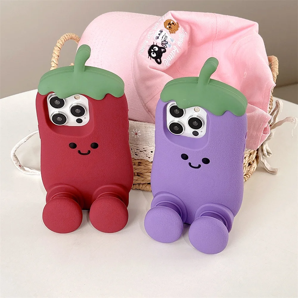 

Funny Novelty 3D Cute Cartoon Eggplant Stand Phone Case for 16 Pro Max Food Soft Silicone Protect Cover for iPhone 17 15 14 13