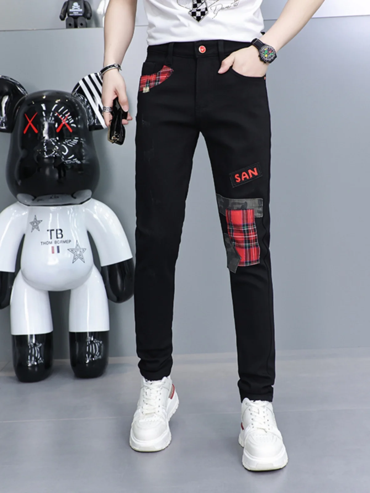 

Black Patchwork Slim Fit Jeans Men's Spring Autumn Style High Street Trendy Long Pants Cotton Stretch Denim Youth Casual Wear