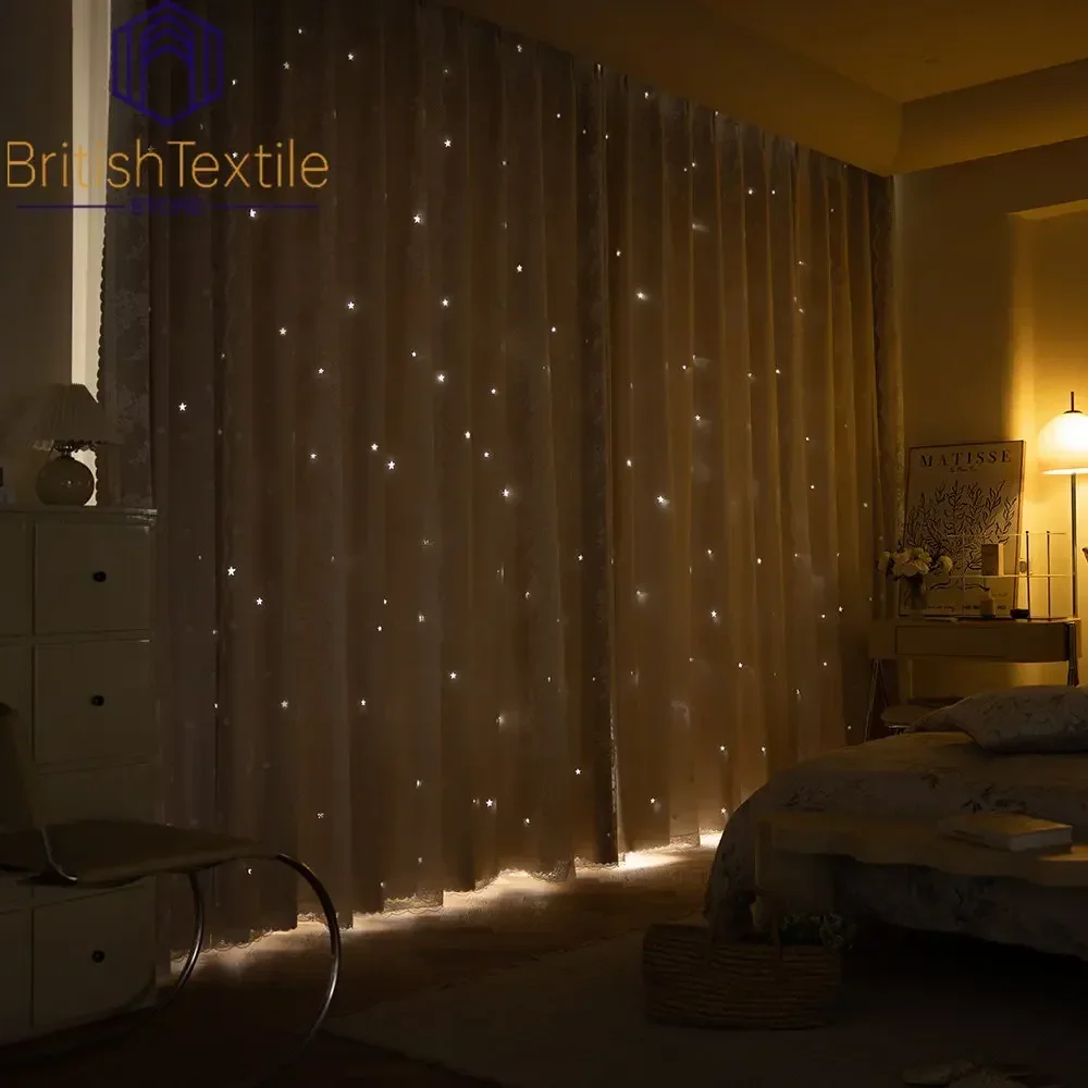 

Lace Curtains for Living Room Bedroom Hollow Star Window Screen Integrated French Retro Advanced Sense Princess Style Tulle