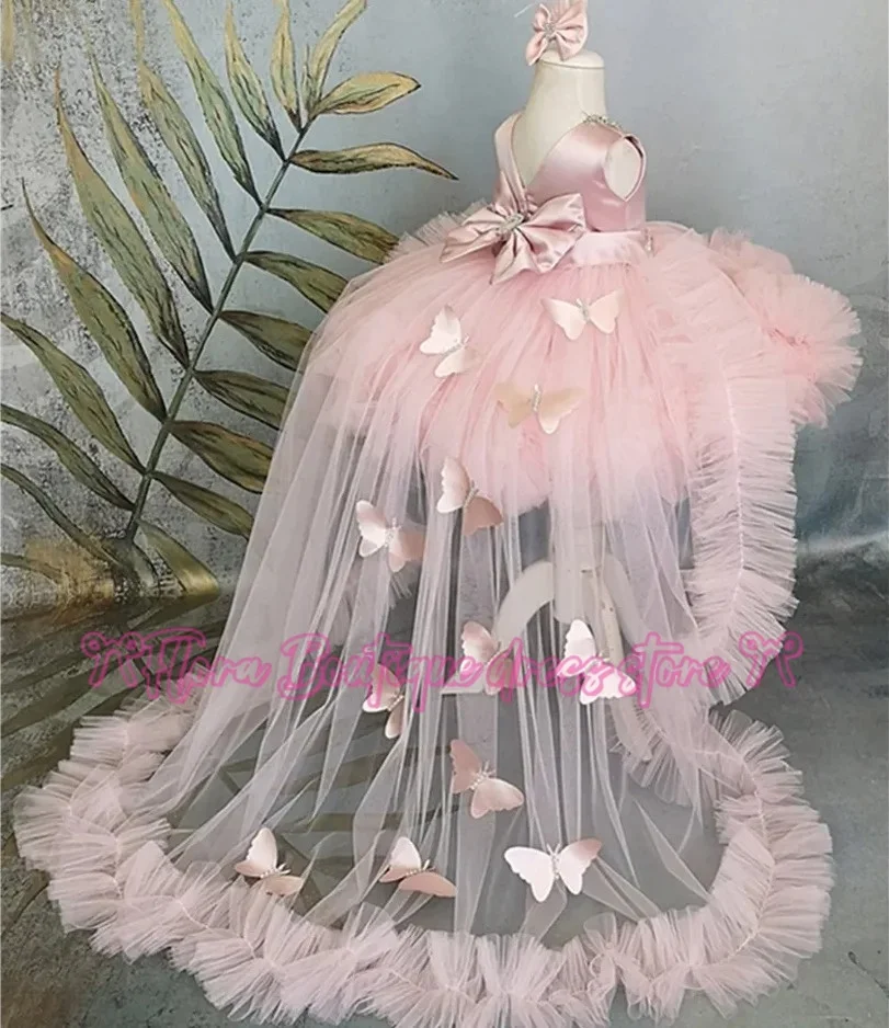 Customiz Puffy Girl Dress Pink Baby Dress Flower Girl Dress with Train Bow Cute Children's Kids Birthday Dresses First Communion