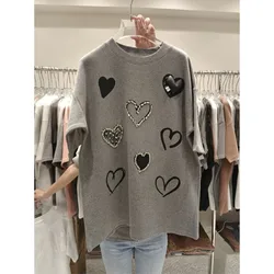 Women's Round Neck Solid Color T-shirt 2024 Summer New Fashion Youth Casual Love Printed Diamonds Sleeveless Loose Pullover Tops