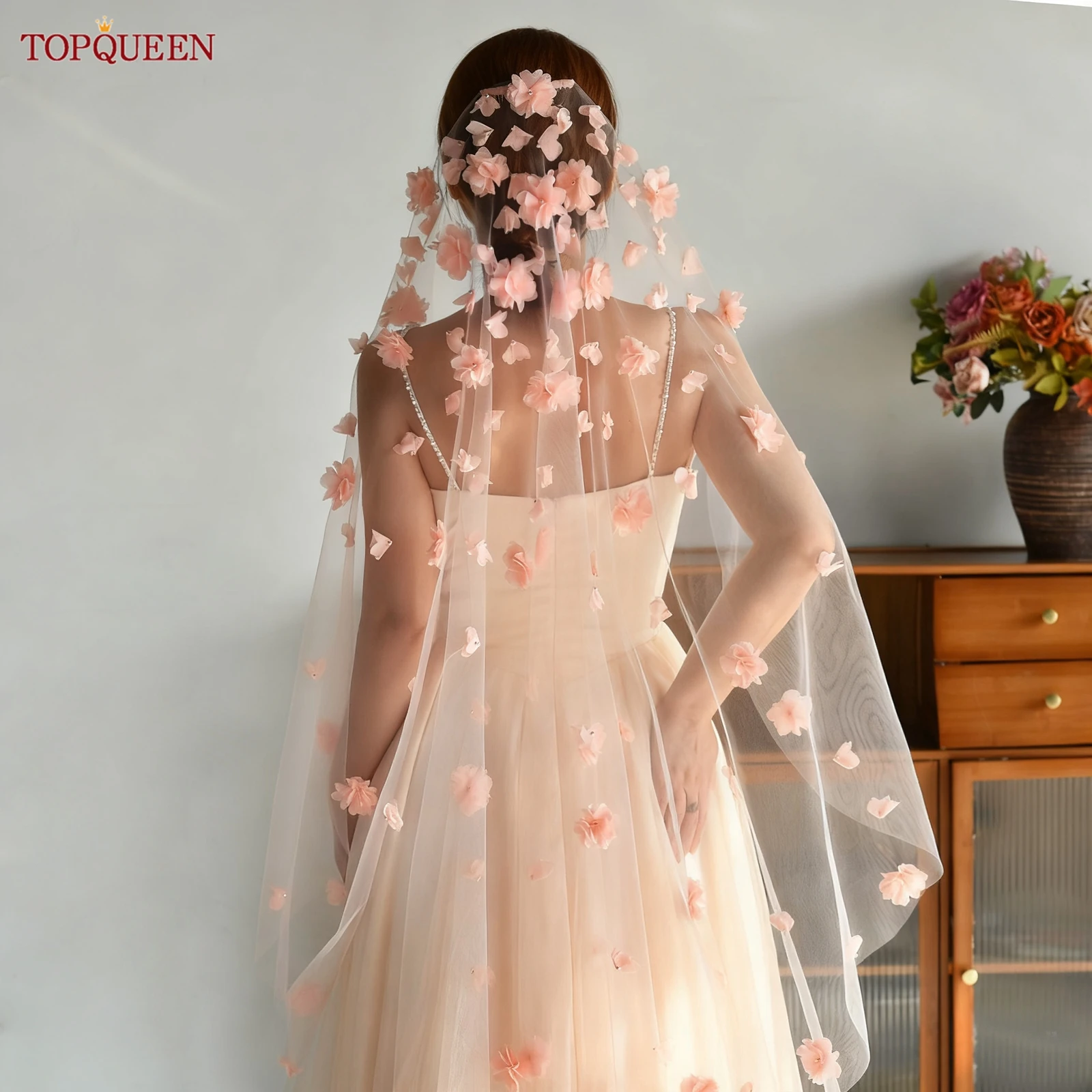 

TOPQUEEN M137 Персиково-красная фата с 3d цветами и цветочным принтом, свадебная фата, кружевная фата с лепестками, фата невесты Velos De Novia, свадебные аксессуары