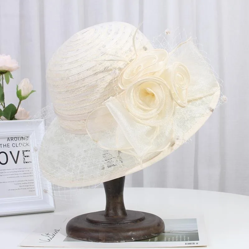 Summer Beige Lace Fascinator Hats Wide Brim Party Church Hat For Women Elegant Wedding Fedora Ladies Kentucky Derby Cap