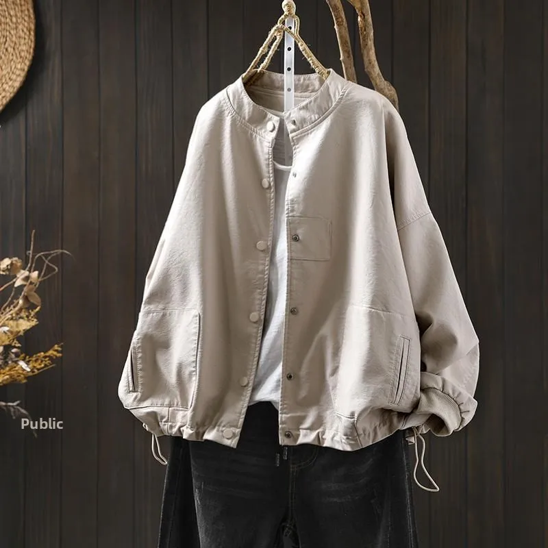 Luźna damska kurtka ze skóry PU ze stójką, wiązana w dół, w stylu retro, inspirowana Hong Kongiem, motocyklowa, dojazdy do pracy, długa...