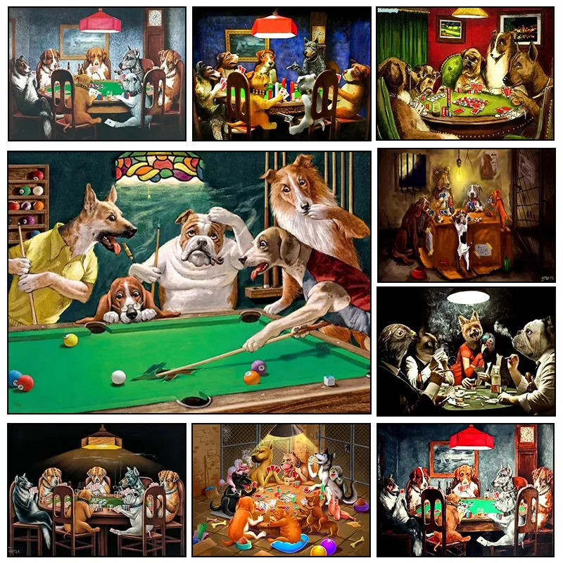 Abstract Funny Animal Dog Playing Poker Billiard Retro Canvas Painting Wall Art Pictures Posters Prints Living Room Home Decor