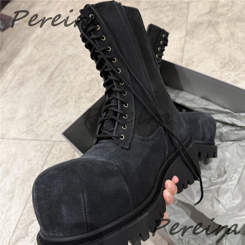 Retro Denim Thick Soled Motorcycle Boots for Men Big Round Toe Lace-Up Side Zipper Boots Spring Autumn Fashion High Top Shoes