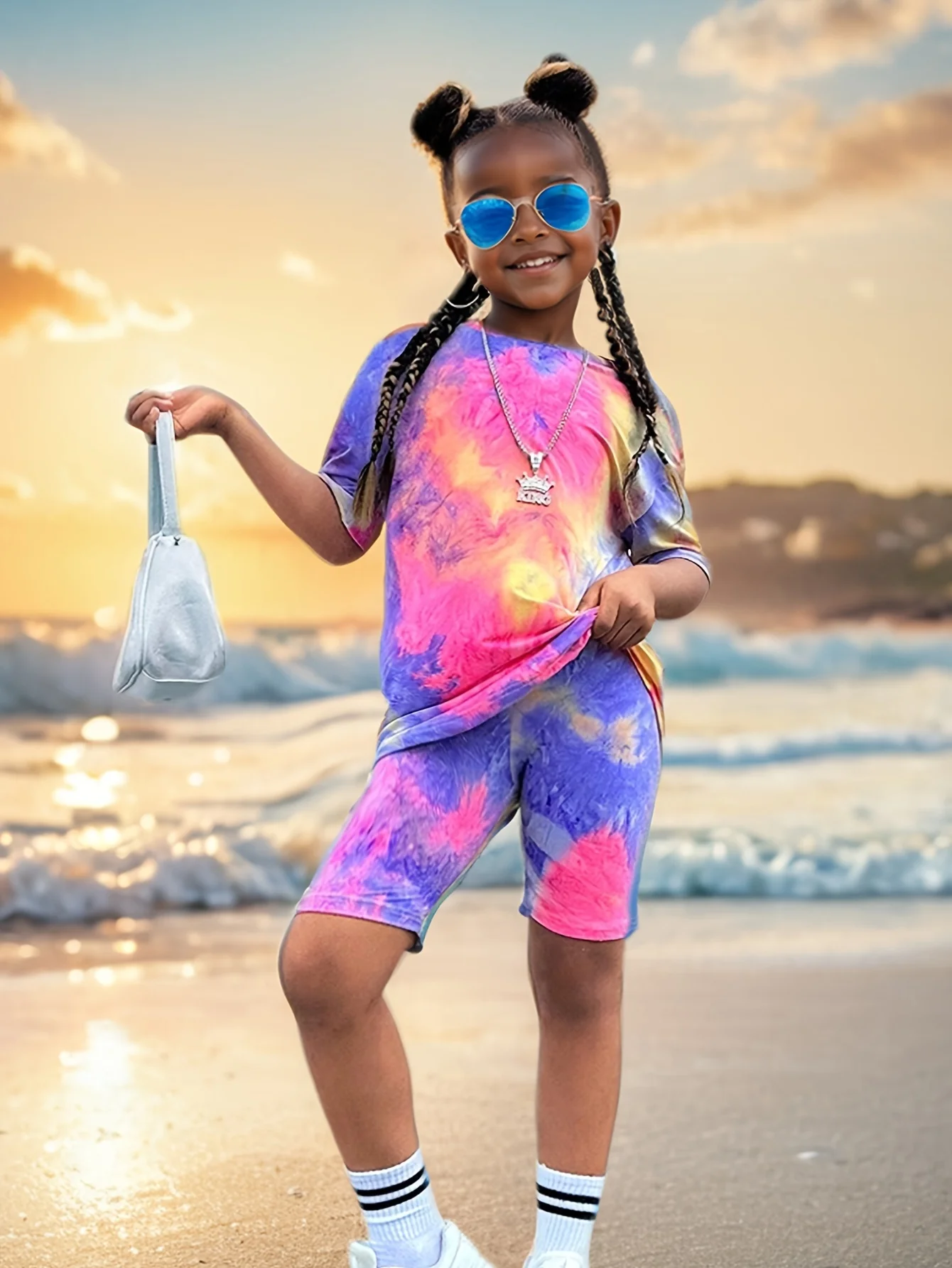 Girls' Casual Outfit: Tie-Dye Short-Sleeve Top + Shorts Two-Piece Set in Yellow, Green, Purple, Blue, and Other Colors, Stylish and Attractive, Suitable for Children Aged 4-12, for Wearing at Home or Out on the Street