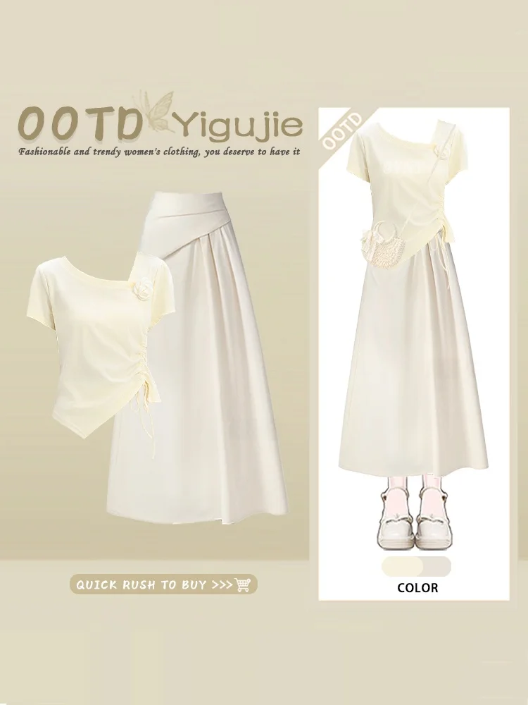 

Floral Short Sleeve T-Shirt And High Waist Midi Skirt Two Piece Set Women's Fashion Summer Outfit Shoulder Length T-Shirt