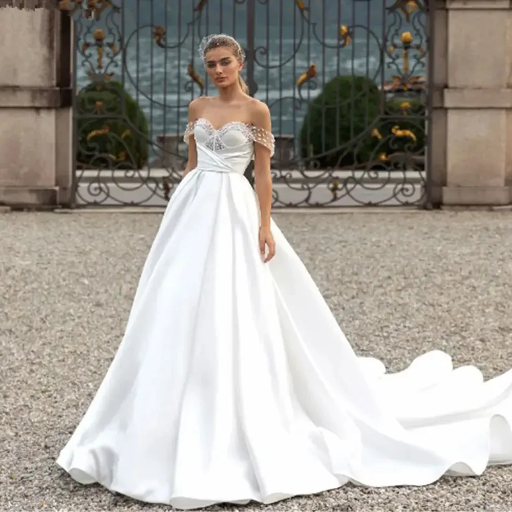 

Luxury Modern A-Line Wedding Dress Sweetheart Off Shoulder Pearls Beading Backless Bridal Gown Court Train Custom Made New