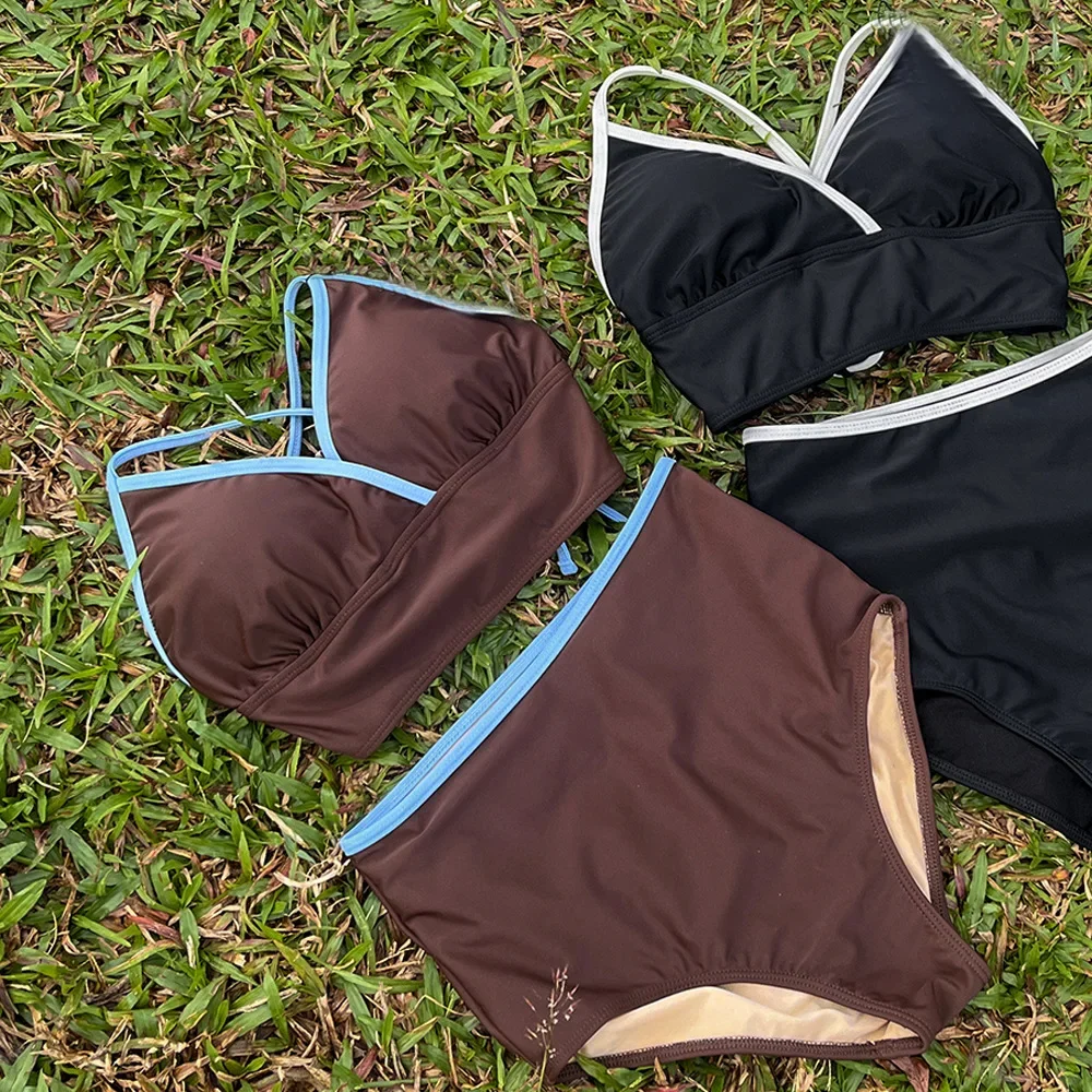 Brown High Waist Bikinis 2025 Women Push Up Swimwear Bandage Swimsuit Female Beachwear Summer Bathers Sports Bathing Suit Korean