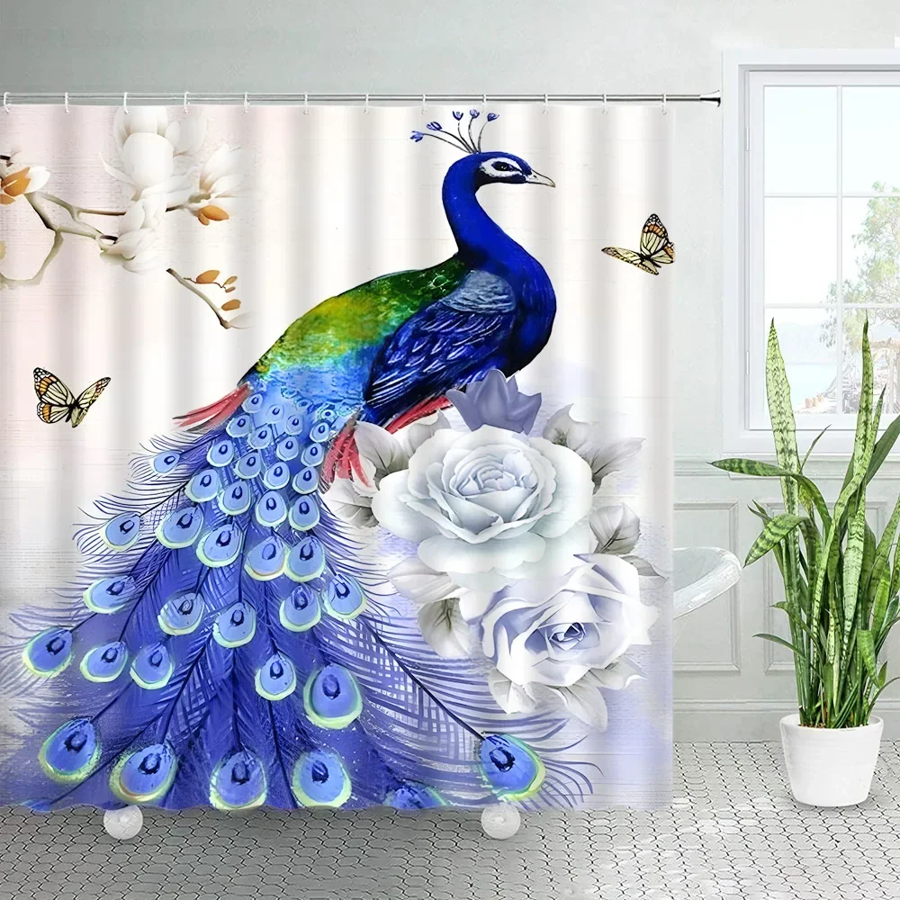 Blue Peacocks Shower Curtains Butterfly Flowers Rose Pattern Print Fabric Bath Curtain Modern Home Bathroom Decor Set with Hooks