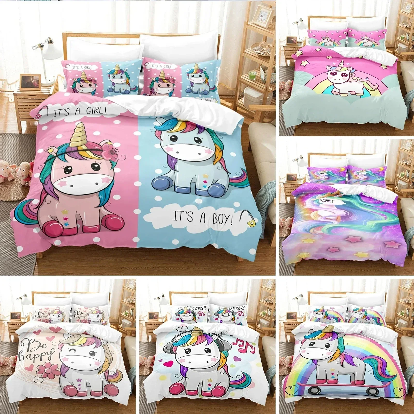

Cartoon Unicorn Duvet Cover Set KingQueen Size Cute Pink Blue Fairy Tale Animals Polyester Bedding Set for Girls Kids