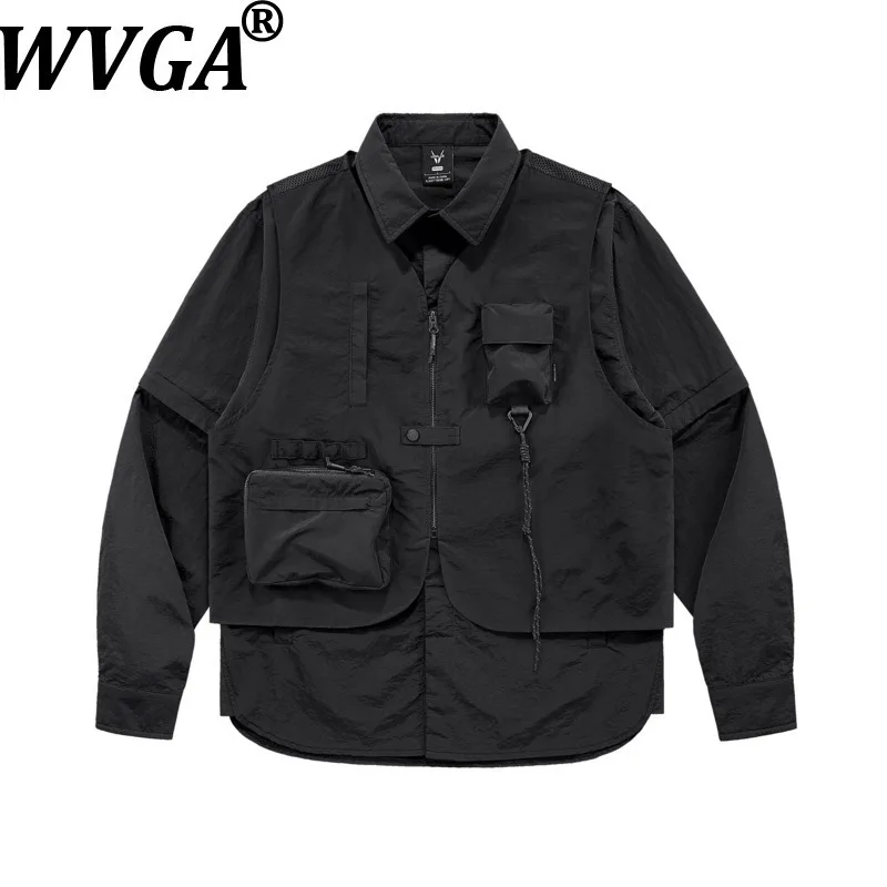 

WVGA Techwear Long Sleeve Shirt Man's Spring Autumn New Niche Design High Sense Safari Style Pocket Fake Two-Piece Shirts W11878