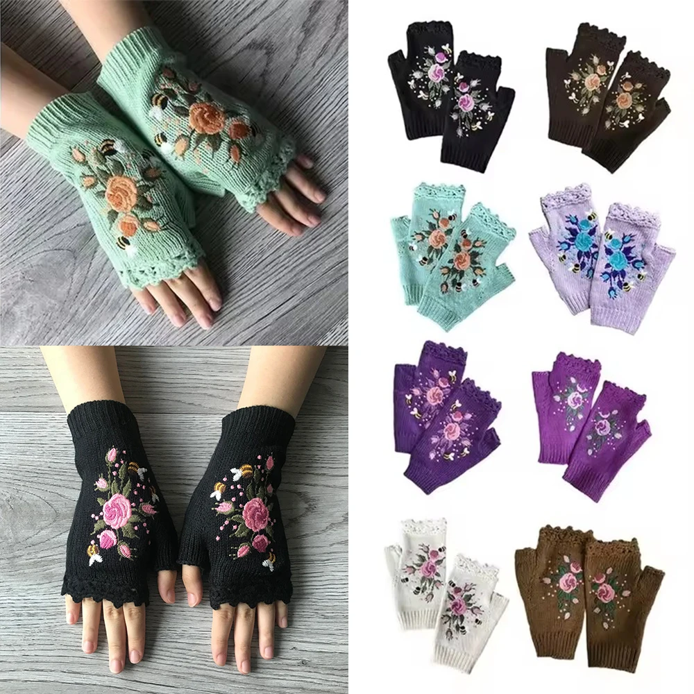 Half Finger Floral Bee Embroidery Knitted Gloves Comfortable Keep Warm Thumb Holes Winter Chinese Style Guantes Invierno