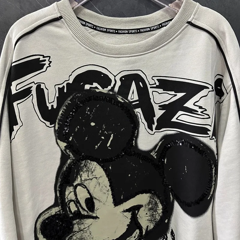 Autumn New Heavy Sequin Print Cartoon Crew Neck Sweatshirt Loose Casual Style Versatile Pullover Top Hoodies Streetwear Women