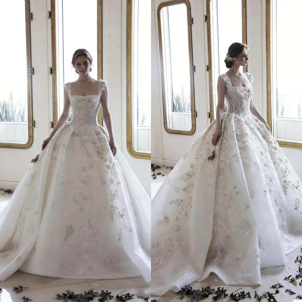 

Elegant Square Neck Ball Gown Wedding Dresses Cap Sleeves 3D Floral Lace Chapel Train Bridal Gown Robes De Mariee Customized