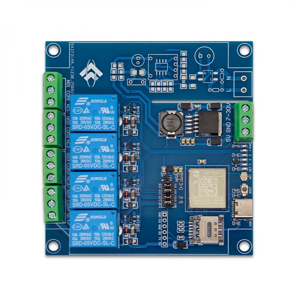 AIR780E 4G Full Netcom 4-Channel Relay Module Bluetooth WiFi Development Board DC7-24V/AC220V Power Supply AT Command Control